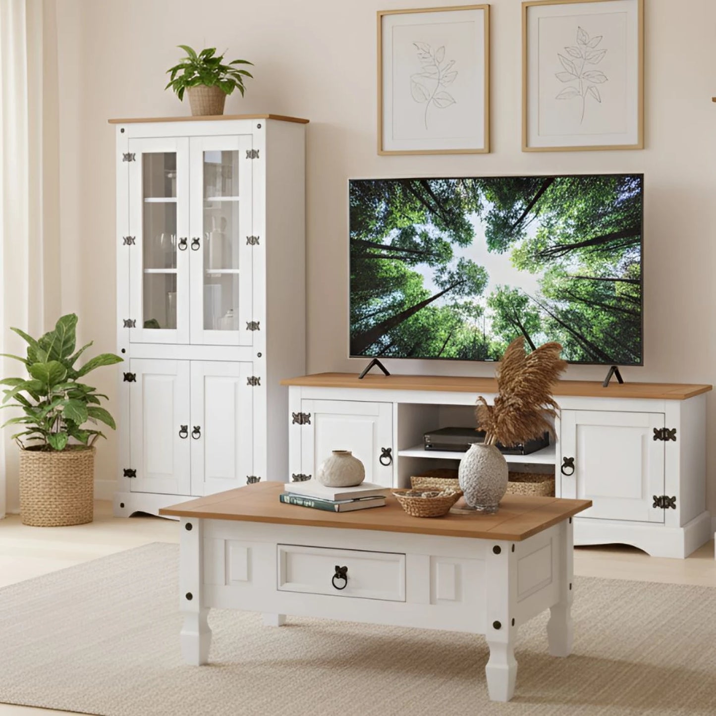 Promo Mesa Ratona + Biblioteca Cristalero + Rack de Tv Linea Naturale - Roble