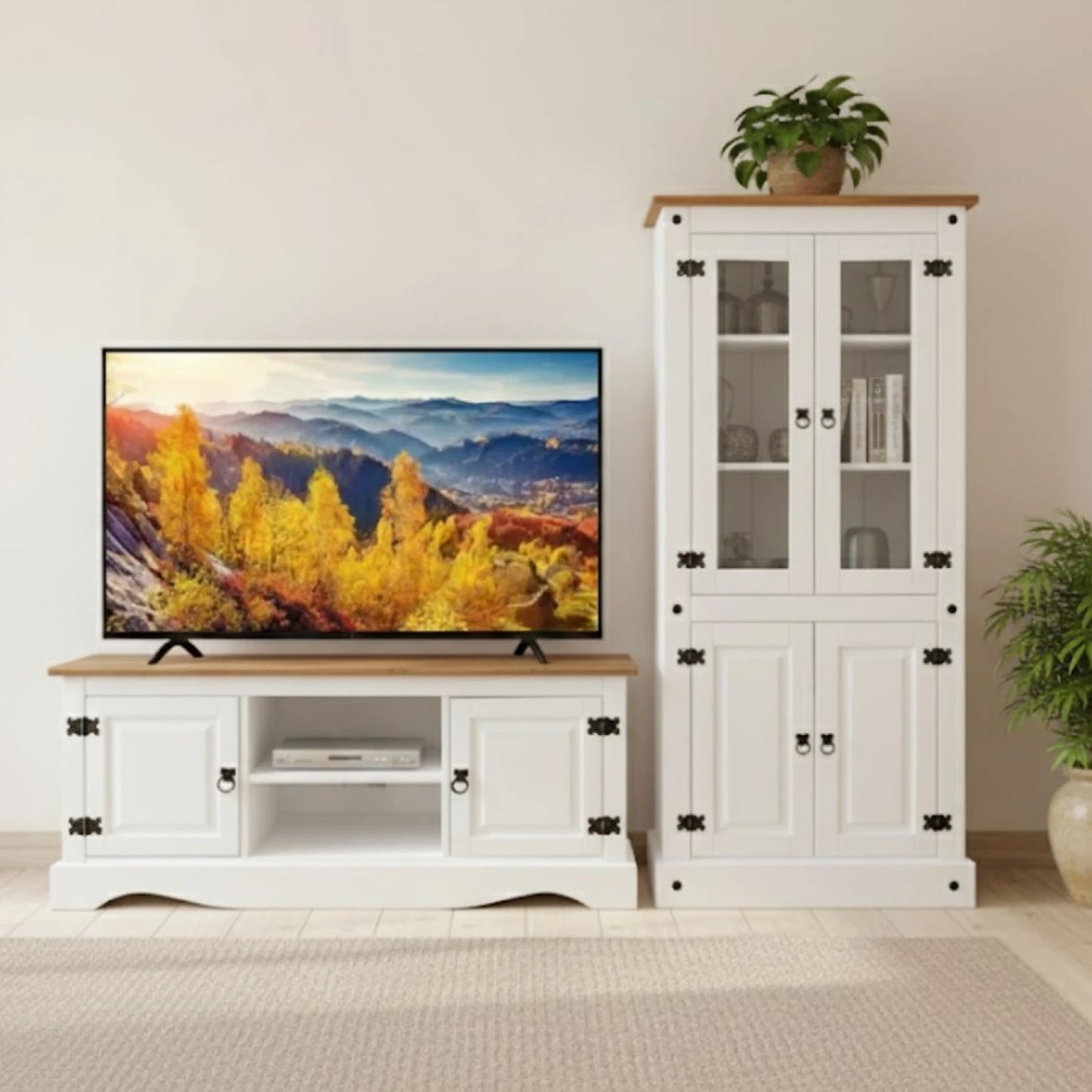 Promo Rack de Tv + Biblioteca con Cristalero Línea Naturale - Roble