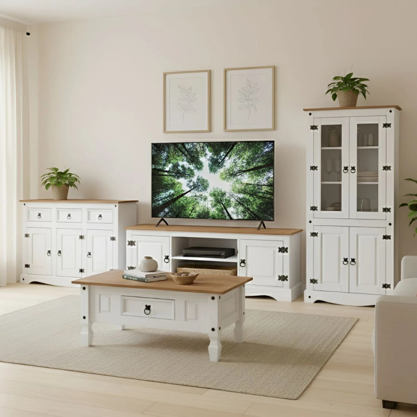 Promo Cristalero + Mesa de Living + Aparador + Rack de TV Linea Naturale - Roble