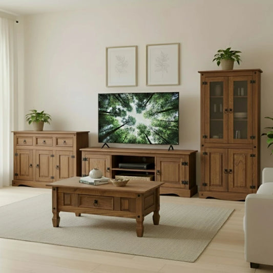 Promo Cristalero + Mesa de Living + Aparador + Rack de TV Linea Naturale - Roble
