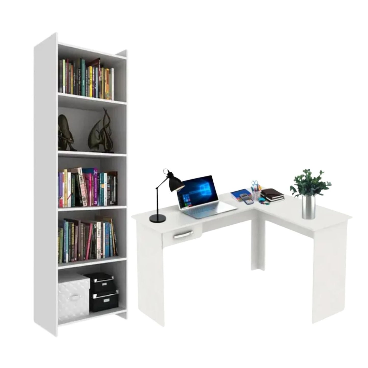 Promo Escritorio Esquinero + Biblioteca 5 Estantes - Blanco