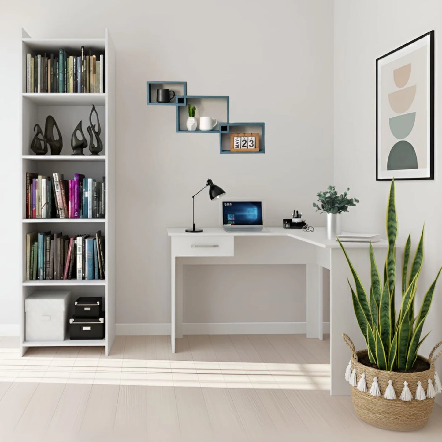 Promo Escritorio Esquinero + Biblioteca 5 Estantes - Blanco