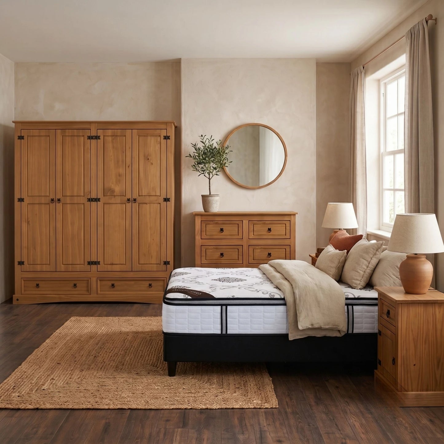 Promo Juego de Dormitorio Linea Naturale + Sommier 2 plazas THM Hybrid Bronze - ROBLE