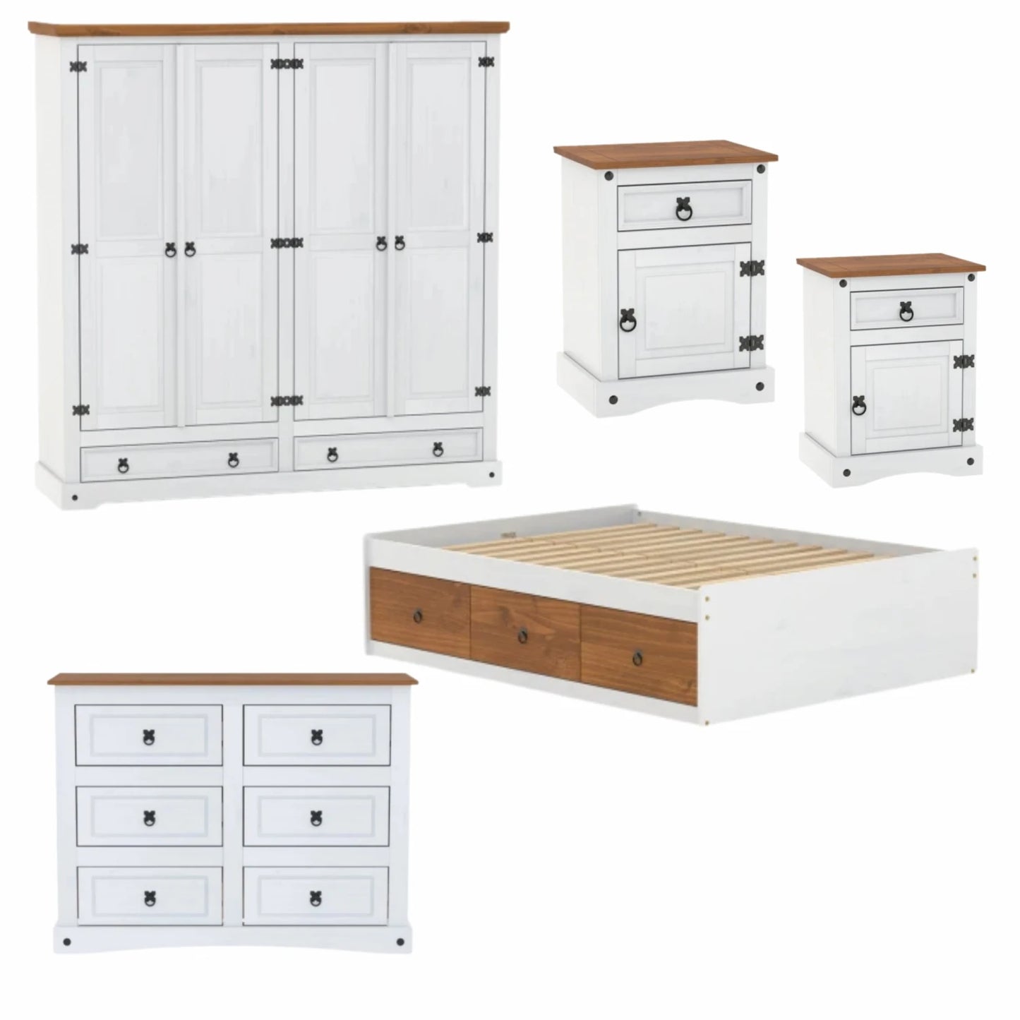 Promo Juego de dormitorio - Ropero + Comoda + 2 Mesa de luz + Cama queen con cajones