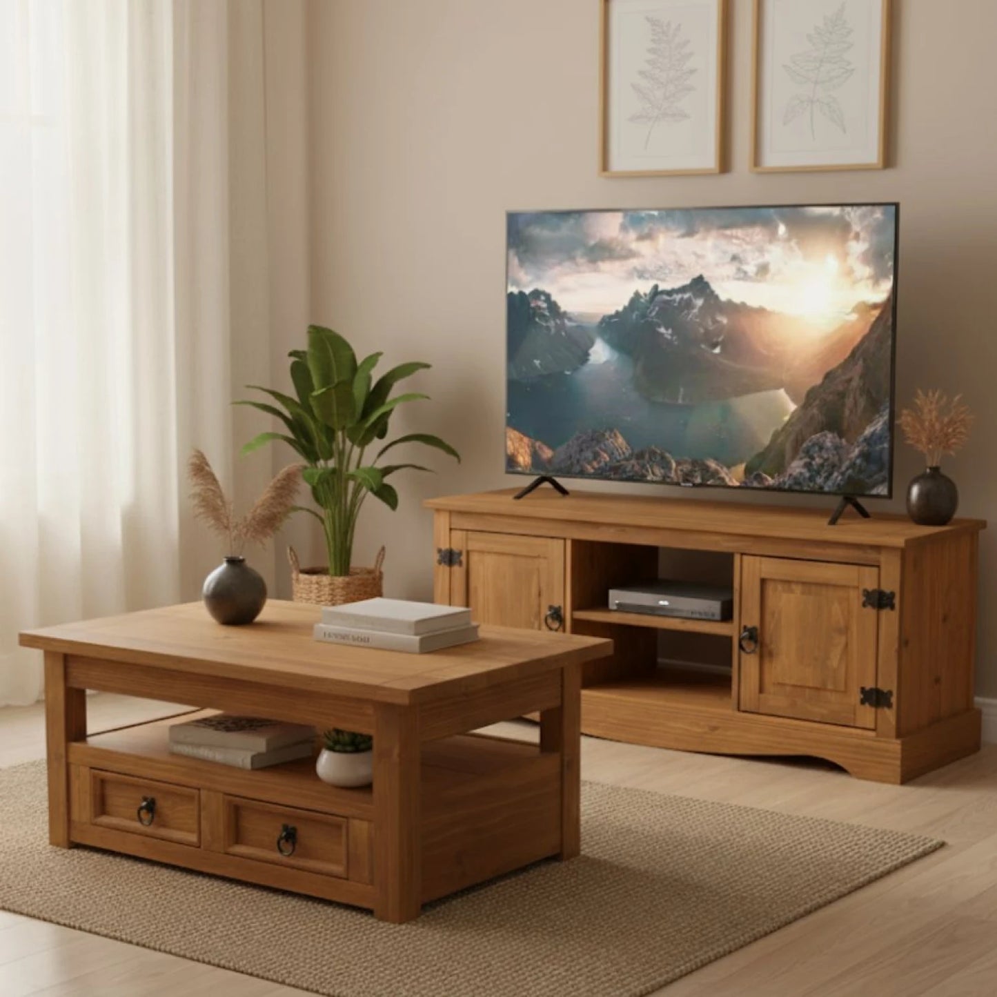Promo Rack de Tv + Mesa Ratona Articulada Linea Naturale - Roble