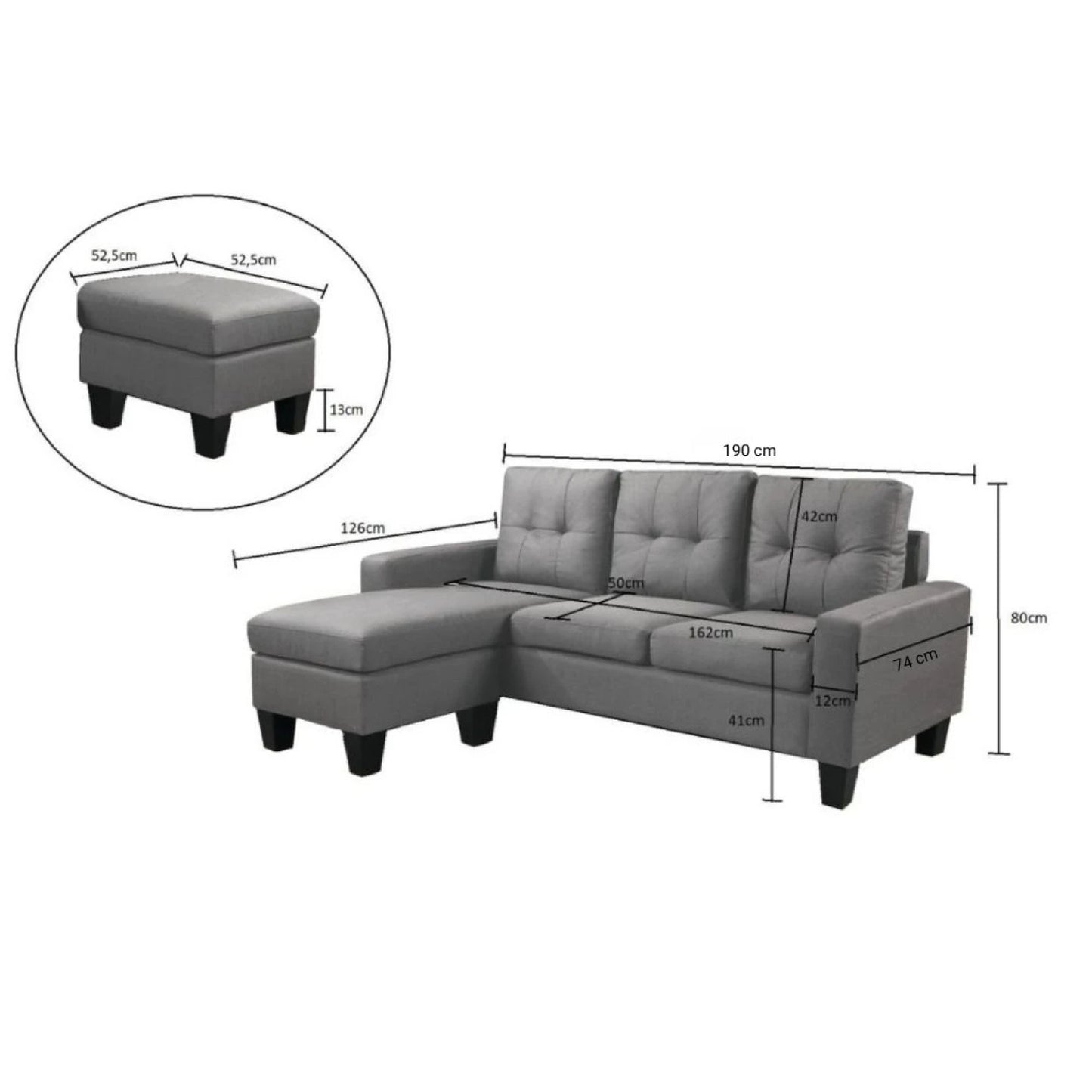 Sillon 3 cuerpos con chaise Herbie - GRIS